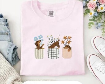 Dachshund Flower Pot Embroidered T-Shirt, Doxie Mom Gift, Spring Wiener Dog Floral Tee