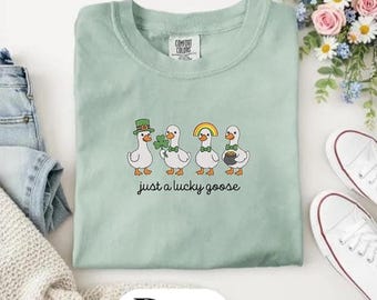 St Patricks Day Embroidered T-Shirt, Lucky Goose Graphic Tee