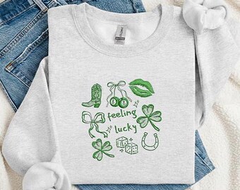 Moletom bordado "Feeling Lucky Coquette St Patricks Day", estilo retrô, com pingente de amuleto da sorte.