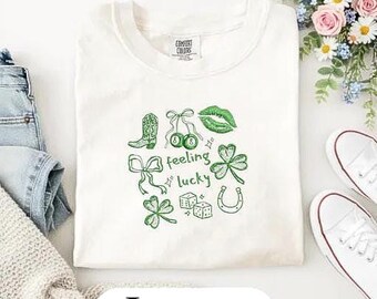 Feeling Lucky St Patrick’s Day Embroidered Shirt, Comfort Colors Coquette Bow Tee