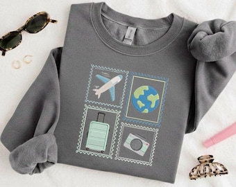 Moletom bordado com selos de viagem, presente para aventureiros, moletom para entrar no clima de férias, roupa para amantes de viagens.