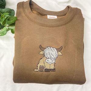 Fluffy Highland Cow Embroidered Sweatshirt, Cute Cow, Cow Sweatshirt, Gifts, Scottish Cow, Baby Cow, Cow Lover Gifts, Christmas Gift For Her