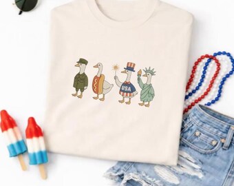Freedom Flock Embroidered T-Shirt, 4th of July Silly Goose Shirt, Summer Apparel