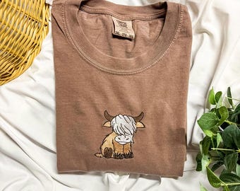 Embroidered Highland Cow T-Shirt, Fluffy Cow Apparel, Scottish Gift