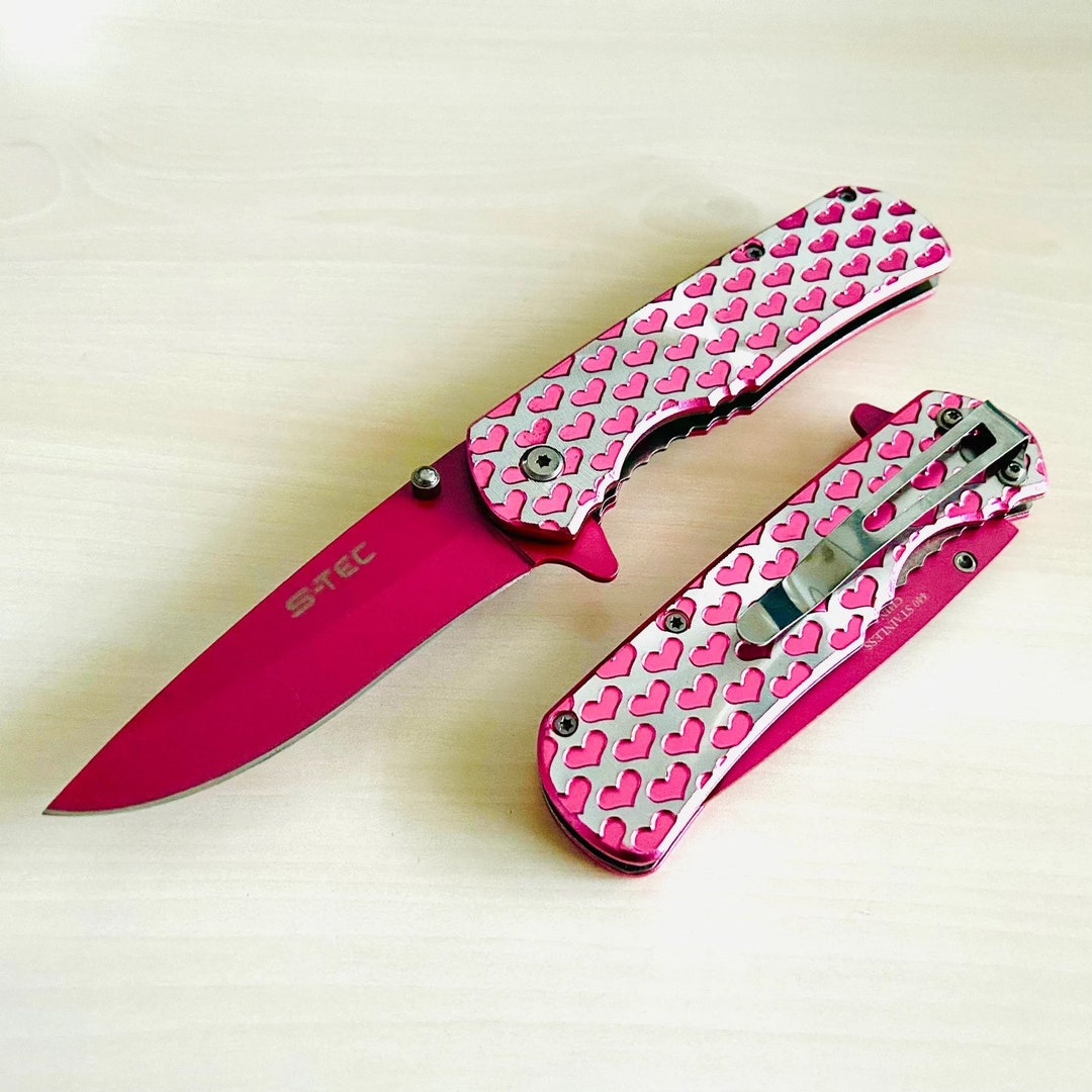 8 Ladies Pink HEARTS TACTICAL Combat Spring Assisted Open Pocket Knife  Women