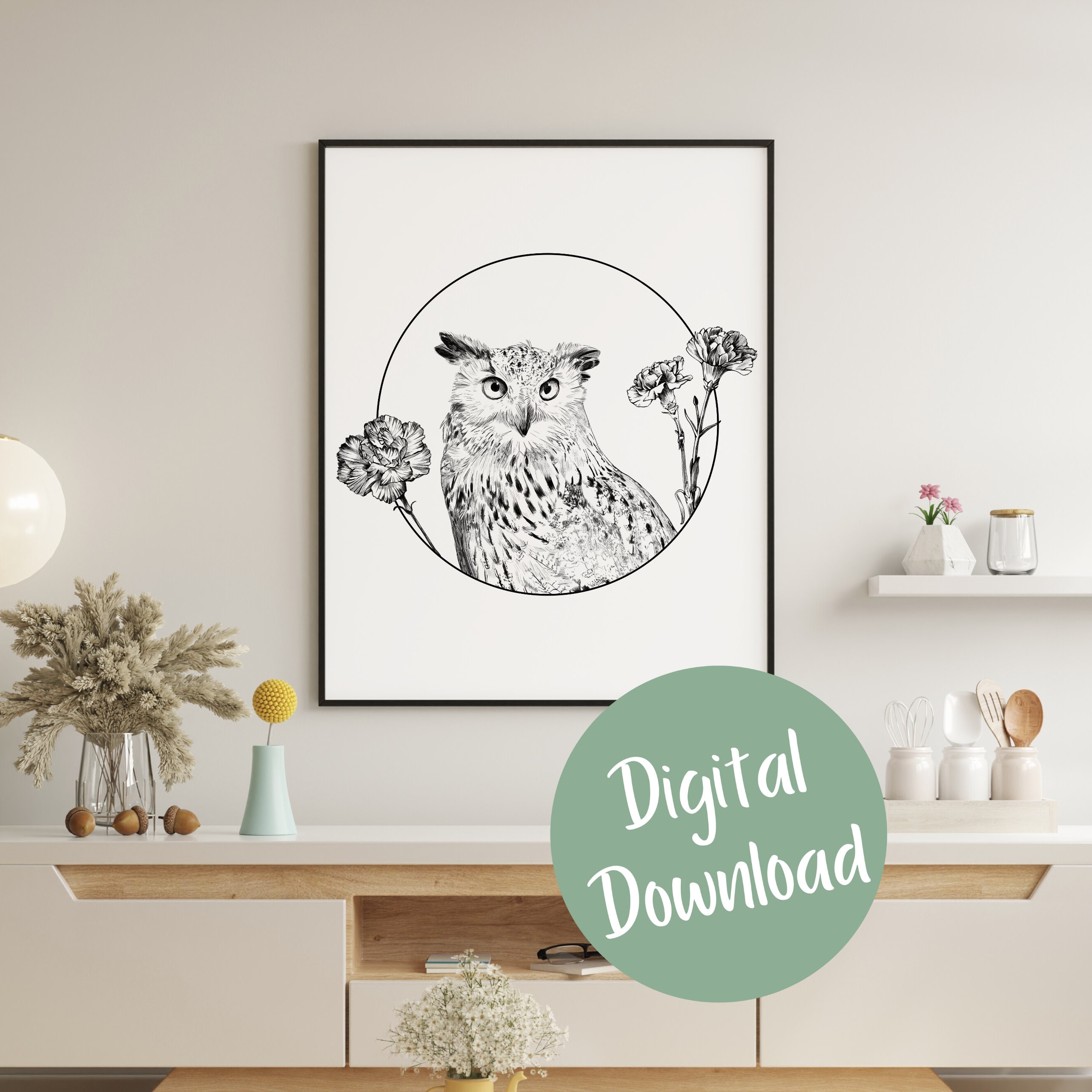 Wildlife Line art Prints, Owl Wall Art, Fineline printable art, Minimal Floral Prints, Botanical Pri