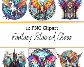 Fantasy Glasmalerei Clipart: Drachen, Einhörner, Burgen (PNG Dateien)