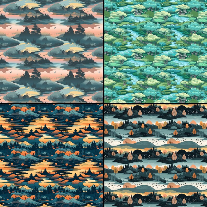 Tranquil Landscape Seamless Patterns: 300 DPI (PNG Digital Download) - Etsy