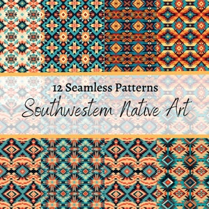 May include: Twelve seamless patterns featuring Southwestern Native American art. The patterns are geometric and use a color palette of orange, blue, yellow, red, and black.