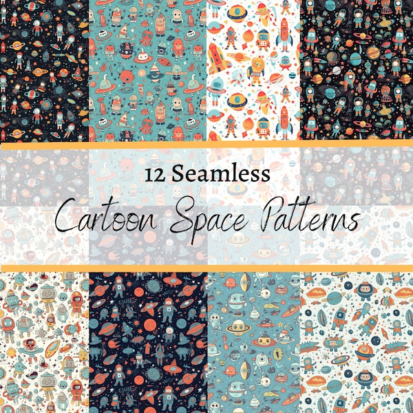 Beautiful Cartoon Space Patterns - 12 Seamless Designs for Digital Projects and Commercial Use - High-Quality 4k PNGs