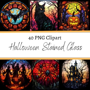 Griezelig glas-in-lood Halloween-clipart: angstaanjagend mooie ontwerpen | 40 png-bestanden | 5 x 5 inch | 300 dpi