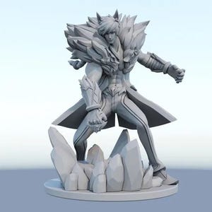 May include: A gray figurine of a wolf-like creature with a human-like face and body. The creature is wearing a cloak and has a fierce expression. The figurine is standing on a base of rocks.
