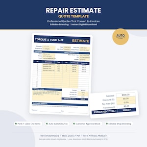 Op de afbeelding: Een digitaal reparatieofferte-sjabloon in blauw en crème met velden voor klantgegevens, voertuiginformatie, onderdelen en arbeid, voorwaarden, een blok voor klantgoedkeuring en een vak voor de automatische berekening van het totaalbedrag.