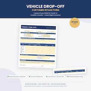 Può includere: Un modello digitale di modulo di accettazione veicolo per Torque & Tune Auto. Il documento include sezioni per le informazioni sul cliente, i dettagli del veicolo, il motivo della visita, una lista di controllo, preferenze e autorizzazione.