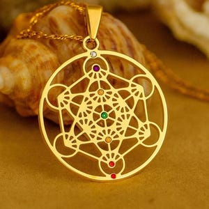 Gold Metatron&#39;s Cube Pendant – Chakra Gemstone Necklace