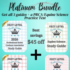 Op de afbeelding: Een promotionele afbeelding voor een "Platinum Bundle" van rodeo- en paardenwetenschappelijke studiegidsen en een oefentest. De afbeelding bevat vier gidsen met het "Next Level Rodeo Queen" logo, een kroon en tekst. De gidsen staan op een turquoise achtergrond.