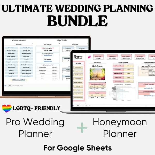 BUNDLE Digital LGBTQ Friendly Wedding and Honeymoon Planners Google Sheets Spreadsheet Budget Planner Expense Tracker Packing List Schedule