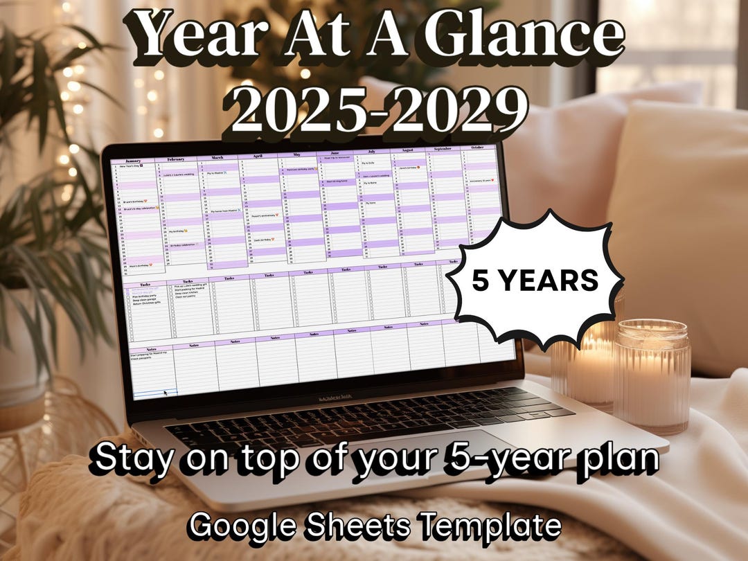 2025-2029 Year at A Glance 5-year Annual Digital Planner Google Sheets