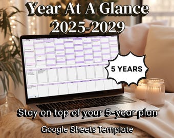 2025-2029 Year At A Glance 5-Year Annual Digital Planner Google Sheets Productivity Tool Goal Tracker Monthly Calendar Spreadsheet Template