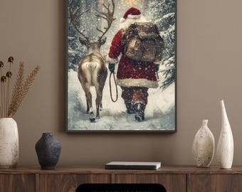 Peinture à l'huile du père Noël et du renne : oeuvre d'art murale de Noël (téléchargement numérique)