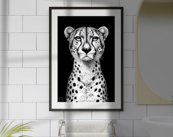 Portrait de guépard noir et blanc – art mural minimaliste, téléchargement numérique, impression art déco