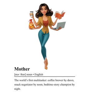 May include: An illustration of a woman juggling a coffee cup, a bag of snacks, a book, and a laptop. The text below the image reads "Mother [mə-'thǝr] noun. English The world's first multitasker: coffee brewer by dawn, snack negotiator by noon, bedtime-story champion by night."
