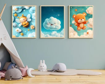 Lot de 14 impressions pour chambre d'enfant, collection d'art mural pour chambre d'enfant, école à la maison, décoration de chambre de bébé, animaux mignons et bébés, impressions d'art numérique