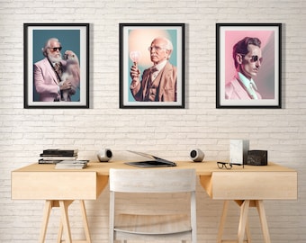 Des scientifiques à la mode rétro futuriste. Newton, Einstein, Tesla, Curie, Edison, Darwin