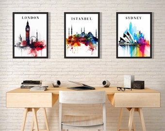 Impressions numériques minimalistes de villes du monde Londres, Paris, Istanbul, Budapest, Moscou, Tokyo, New York, Singapour, Sydney, Budapest, Amsterdam