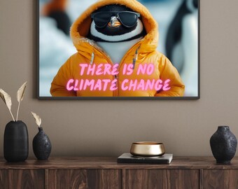 Impression d'art drôle de pingouin : affiche d'humour noir sur le changement climatique (téléchargement numérique)