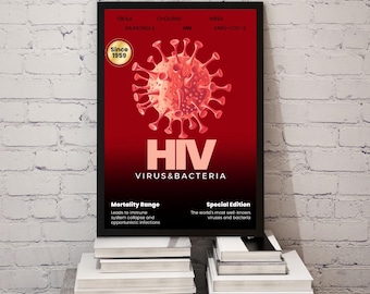 VIH | Affiche infographique sur les virus et les bactéries, art mural microbiologie, art mural microbiologie, téléchargement numérique éducatif, décoration scientifique