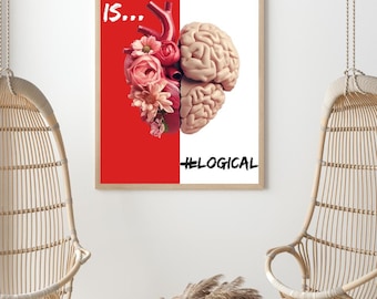 L'amour est illogique Impression numérique (3 en 1) - Art du cœur et du cerveau, décoration murale inspirante, décoration florale abstraite pour la maison