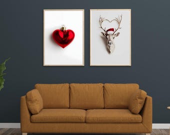 Láminas navideñas para pared: Decoración navideña de corazones y renos (descarga digital)