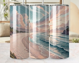 Copridivano da spiaggia, design di un bicchiere oceanico in formato PNG, design a sublimazione con cielo pastello, copridivano da spiaggia con motivo costiero, download digitale