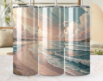 Coastal Tumbler Wrap, Beach Tumbler PNG, Ocean Waves Sublimation Designs, Seascape Tumbler, Watercolor Beach Wrap