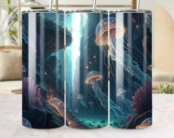 Jellyfish Tumbler Wrap, 20oz Skinny Tumbler PNG, Underwater Fantasy Sublimation Design, Ocean Tumbler Wrap, Digital Download