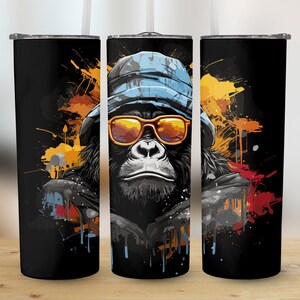 Gorilla Tumbler Wrap Digital Download PNG Colorful Splatter Art with Gorilla Wearing Hat and Sunglasses Tumbler Wrap