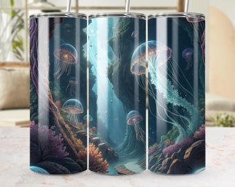 Jellyfish Tumbler Wrap, 20oz Skinny Tumbler PNG, Ocean Sublimation Designs, Glowing Jellyfish, Sea Tumbler Wrap, Digital Download