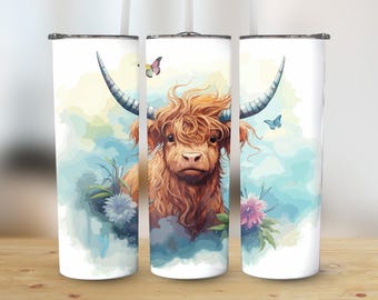 Highland Cow 20 Oz Skinny Tumbler PNG ~ Cute Watercolor Cow ~ Digital ...