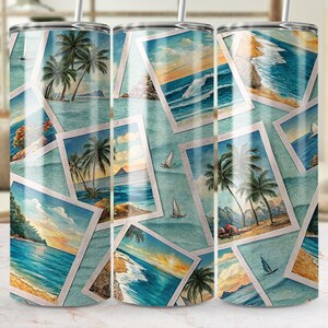 Emballage de verre de carte postale de plage, design de gobelet skinny 20 oz, motifs sublimation île, gobelet tropical, téléchargement numérique