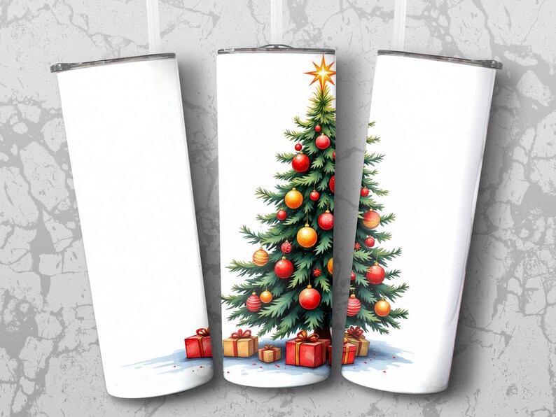 Christmas Tree Tumbler Wrap Digital PNG Red and Gold Ornaments Holiday