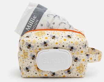 Bee Nappy & Wipe Pouch, Handmade Baby Wipes Bag, Diaper Clutch, Cotton Baby Essentials Organizer, Baby Shower Gift