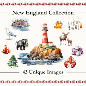 Imágenes prediseñadas de la colección de Nueva Inglaterra - 43 PNG de alta calidad, planificadores digitales, tarjetas, camisetas, cuadernos, descarga digital, uso comercial gratuito