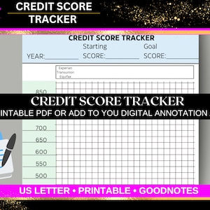 May include: A credit score tracker with the title "CREDIT SCORE TRACKER" at the top. The tracker includes sections for the year, starting score, and goal score. The image also includes a pen and a document with lines.