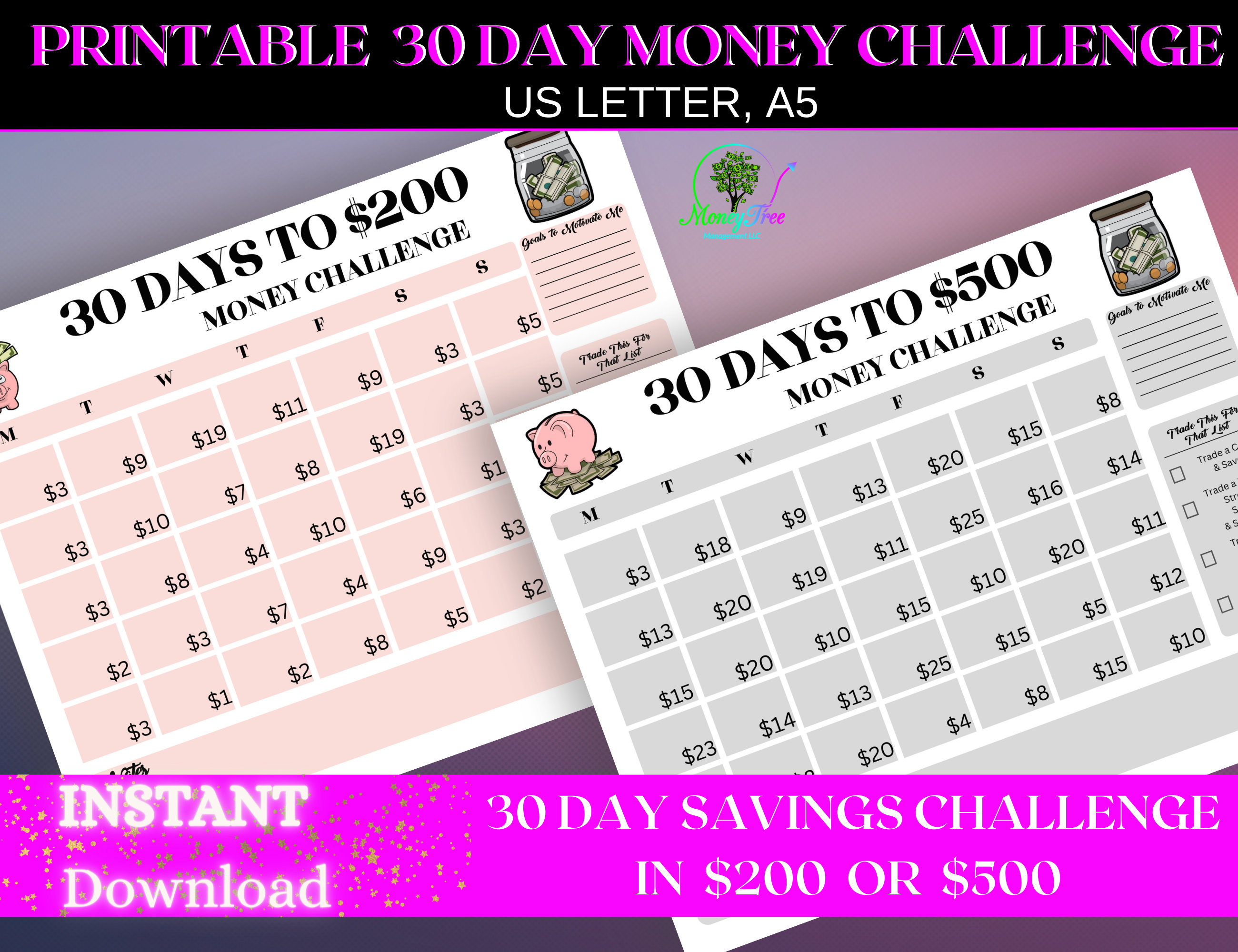 Money Challenge for Savings, Printable 30 Day Financial Savings ...