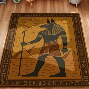 Anubis Egyptian Area Rug: Hieroglyphic Border, Boho Living Room Decor