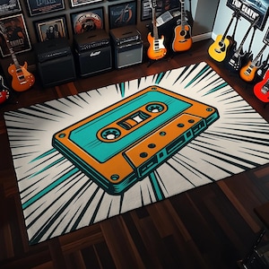 Retro Cassette Tape Rug for Music Room or Living Room – Colorful 80s Style Pop Art Area Rug – Unique Vintage Music Decor Floor Carpet Gift