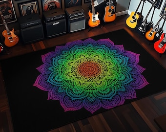 Rainbow Mandala Rug: Boho Chakra Meditation Carpet, Colorful Geometric Art