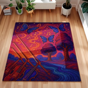 Colorful Butterfly Music Art Rug for Living Room or Studio, Violin Themed Area Carpet, Boho Sunset Forest Floor Mat with Abstract Design
