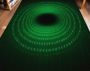 Binary Code Matrix Rug: Green Digital Vortex, Cyberpunk Tech Decor